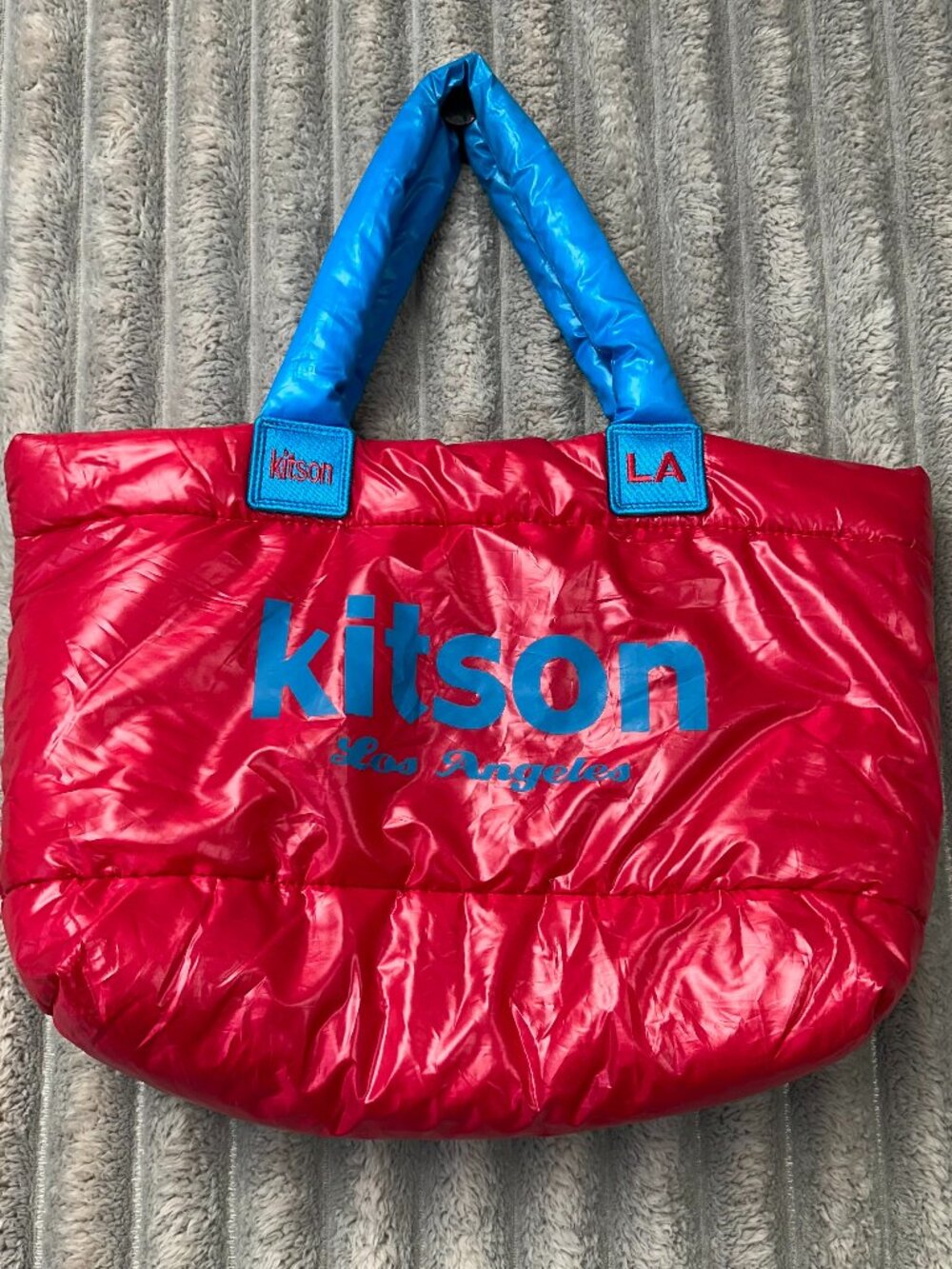 Kitson LA Puffer Tote Bag Hot Pink & Blue Down Material Zipper Inside Pockets